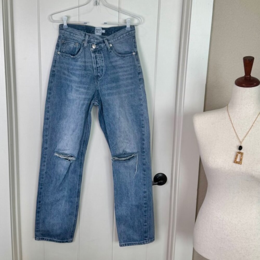 Princess Polly Distressed High Rise Denim Jeans | Sz 2  Asymmetrical Button Fly